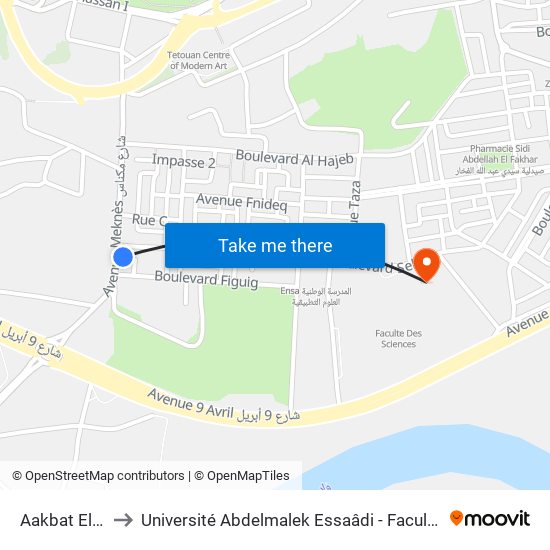 Aakbat El Halouf 2 to Université Abdelmalek Essaâdi - Faculté des Sciences de Tétouan map