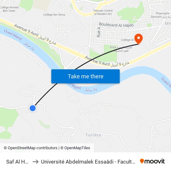 Saf Al Hamam 2 to Université Abdelmalek Essaâdi - Faculté des Sciences de Tétouan map