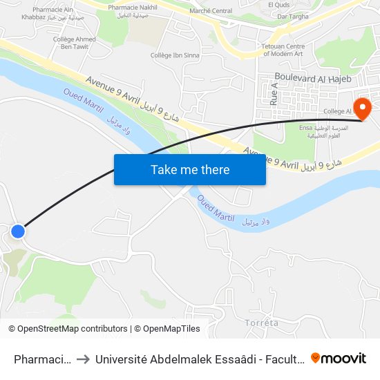 Pharmacie Rkaina to Université Abdelmalek Essaâdi - Faculté des Sciences de Tétouan map