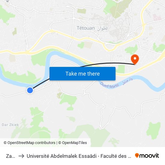 Zariaa to Université Abdelmalek Essaâdi - Faculté des Sciences de Tétouan map