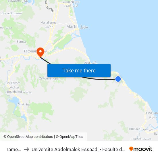 Tamernout to Université Abdelmalek Essaâdi - Faculté des Sciences de Tétouan map