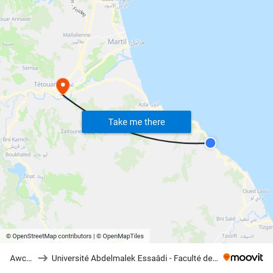 Awchtam to Université Abdelmalek Essaâdi - Faculté des Sciences de Tétouan map