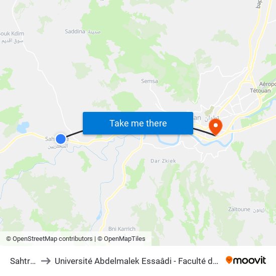 Sahtrienne to Université Abdelmalek Essaâdi - Faculté des Sciences de Tétouan map