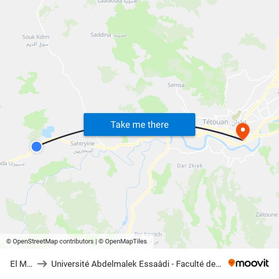 El Manar to Université Abdelmalek Essaâdi - Faculté des Sciences de Tétouan map