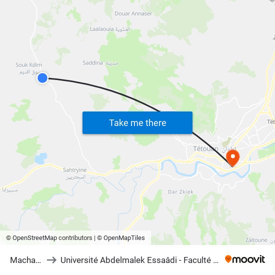 Machachates to Université Abdelmalek Essaâdi - Faculté des Sciences de Tétouan map