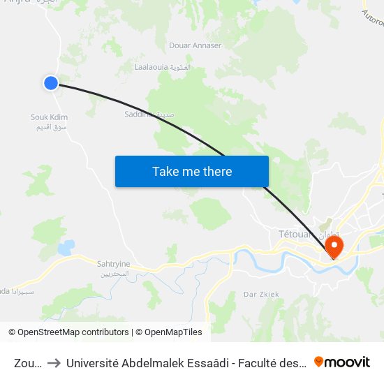 Zouada to Université Abdelmalek Essaâdi - Faculté des Sciences de Tétouan map