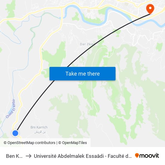 Ben Karrich to Université Abdelmalek Essaâdi - Faculté des Sciences de Tétouan map