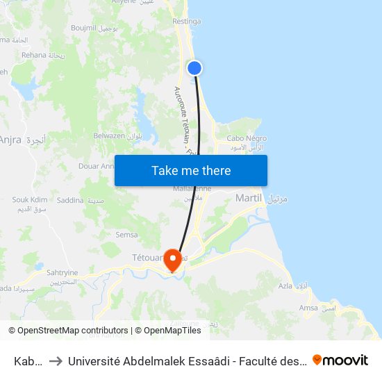 Kabila 2 to Université Abdelmalek Essaâdi - Faculté des Sciences de Tétouan map