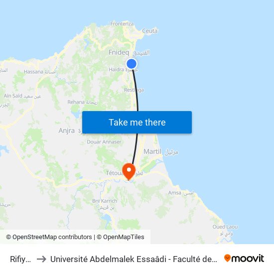 Rifiyenne to Université Abdelmalek Essaâdi - Faculté des Sciences de Tétouan map
