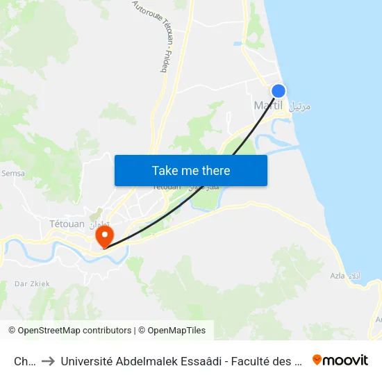 Chbar to Université Abdelmalek Essaâdi - Faculté des Sciences de Tétouan map