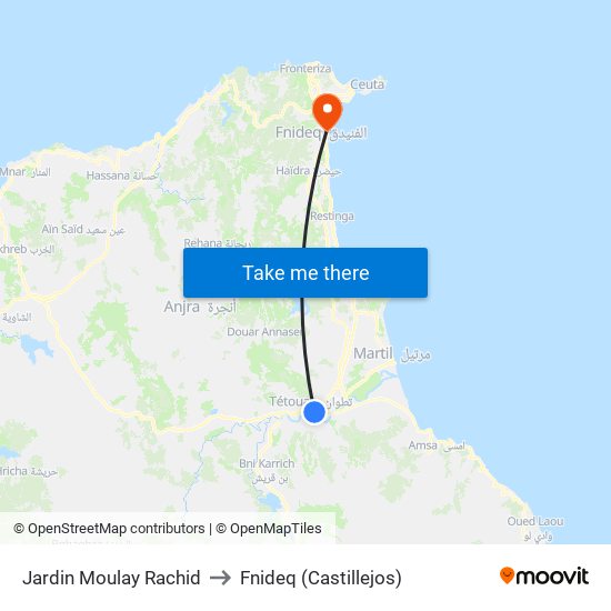 Jardin Moulay Rachid to Fnideq (Castillejos) map