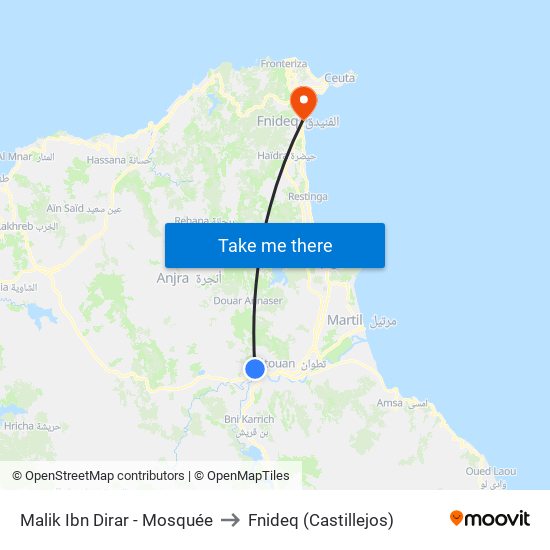 Malik Ibn Dirar - Mosquée to Fnideq (Castillejos) map