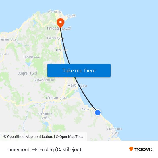 Tamernout to Fnideq (Castillejos) map