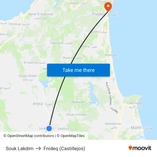 Souk Lakdim to Fnideq (Castillejos) map