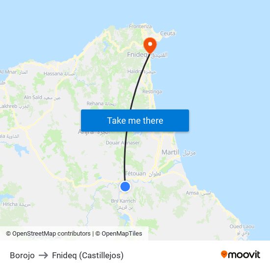 Borojo to Fnideq (Castillejos) map