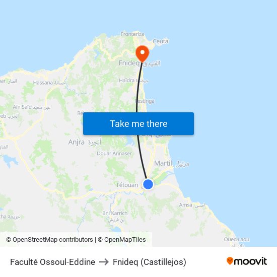 Faculté Ossoul-Eddine to Fnideq (Castillejos) map