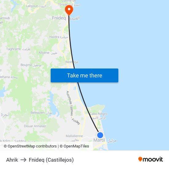 Ahrik to Fnideq (Castillejos) map