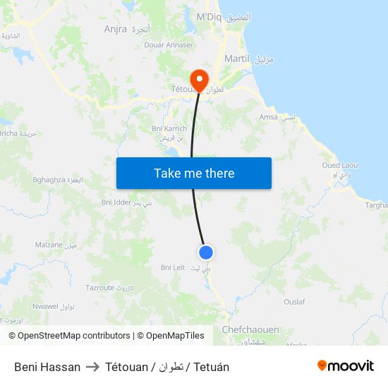 Beni Hassan to Tétouan / تطوان / Tetuán map
