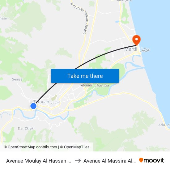 Avenue Moulay Al Hassan Belmehdi to Avenue Al Massira Al Khadra map