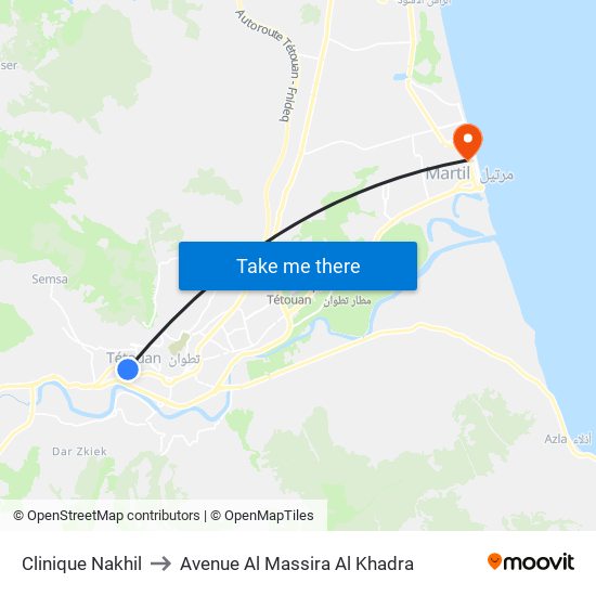 Clinique Nakhil to Avenue Al Massira Al Khadra map