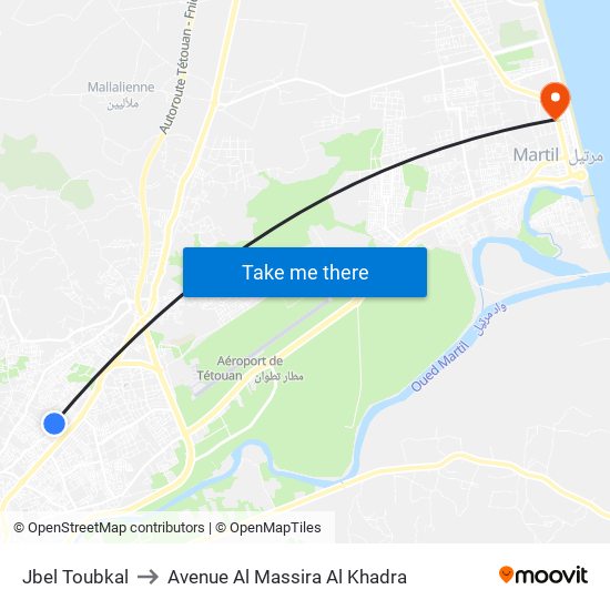 Jbel Toubkal to Avenue Al Massira Al Khadra map