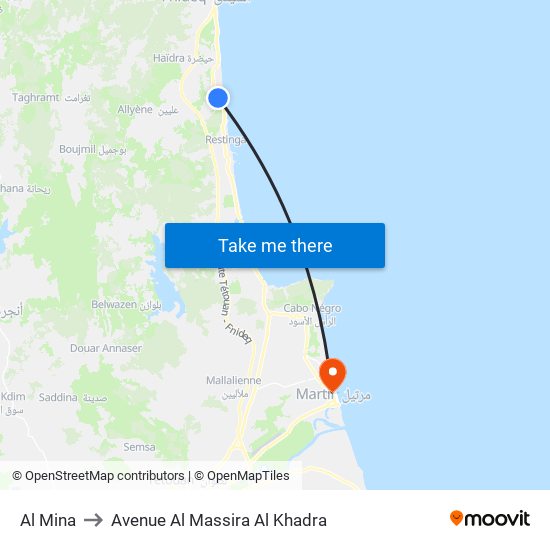 Al Mina to Avenue Al Massira Al Khadra map