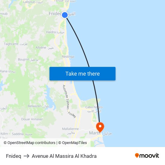 Fnideq to Avenue Al Massira Al Khadra map