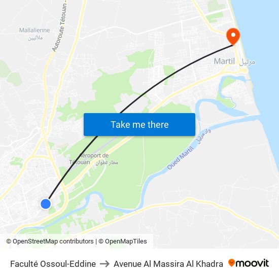 Faculté Ossoul-Eddine to Avenue Al Massira Al Khadra map