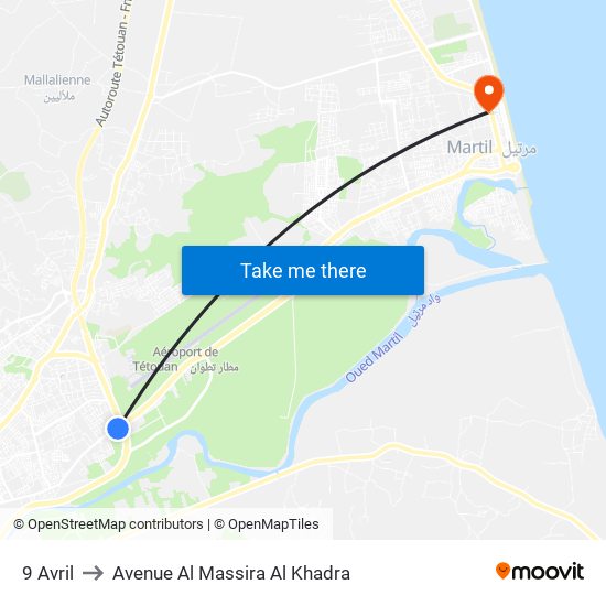 9 Avril to Avenue Al Massira Al Khadra map