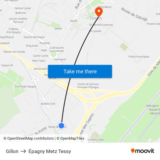 Gillon to Épagny Metz Tessy map