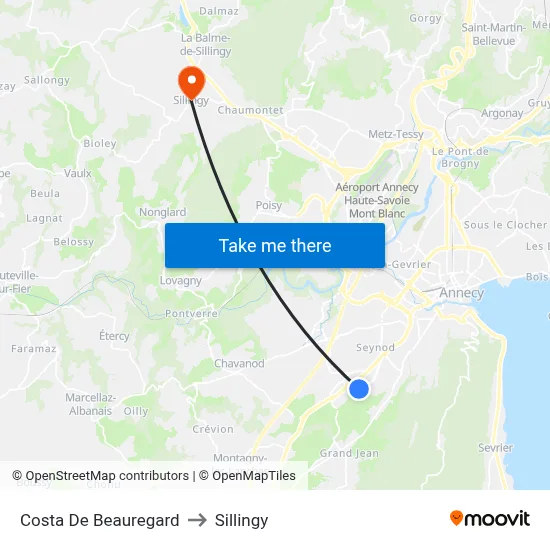 Costa De Beauregard to Sillingy map