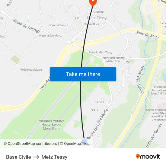 Base Civile to Metz Tessy map