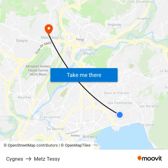 Cygnes to Metz Tessy map