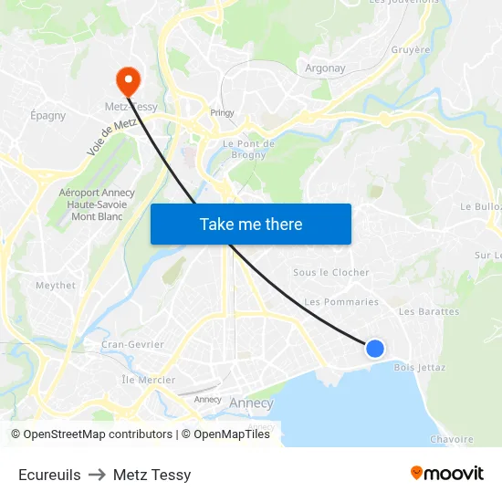 Ecureuils to Metz Tessy map