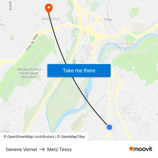 Geneve Vernet to Metz Tessy map