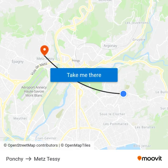 Ponchy to Metz Tessy map