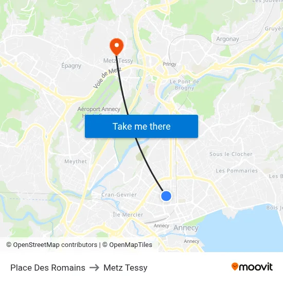 Place Des Romains to Metz Tessy map