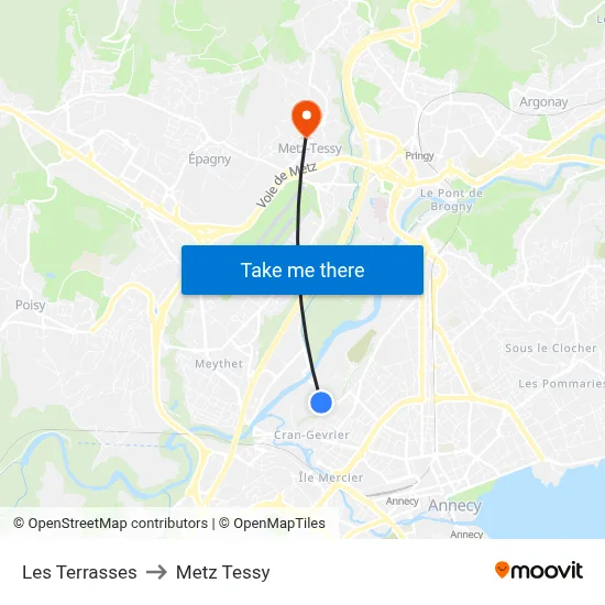 Les Terrasses to Metz Tessy map