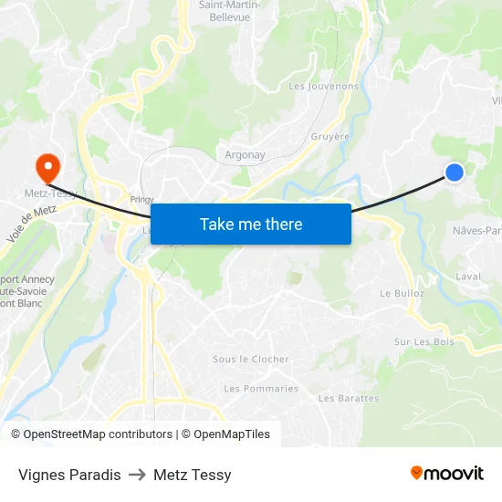 Vignes Paradis to Metz Tessy map