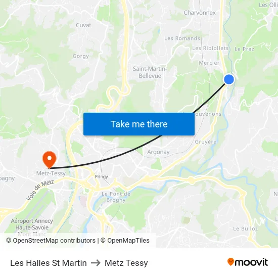 Les Halles St Martin to Metz Tessy map