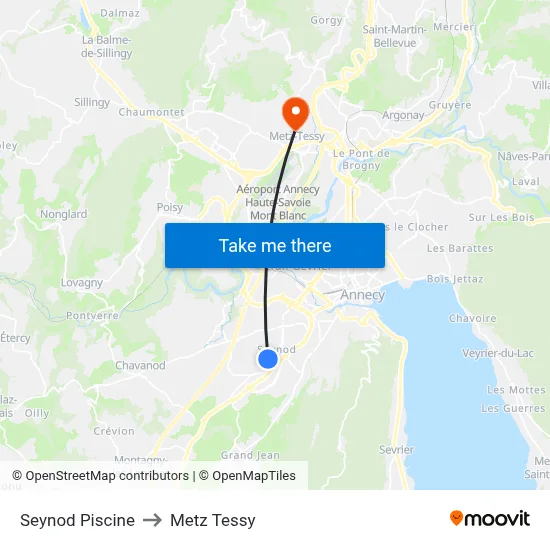 Seynod Piscine to Metz Tessy map