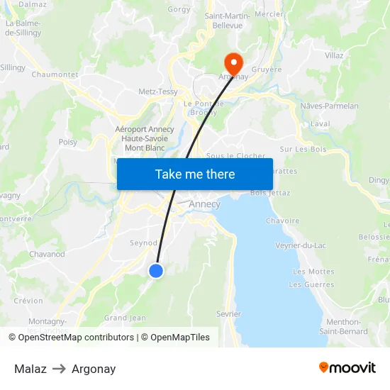 Malaz to Argonay map