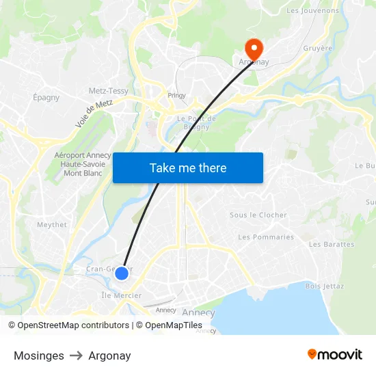 Mosinges to Argonay map