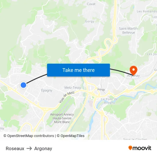 Roseaux to Argonay map