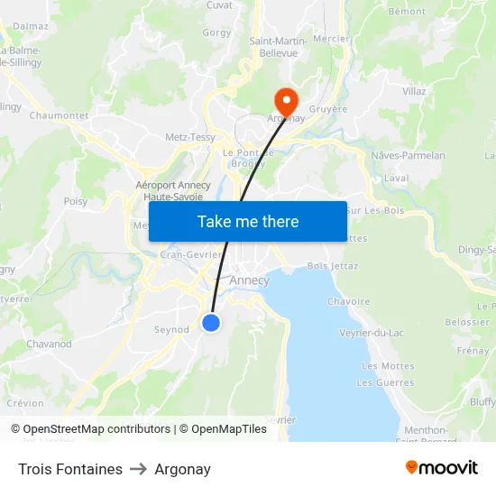 Trois Fontaines to Argonay map