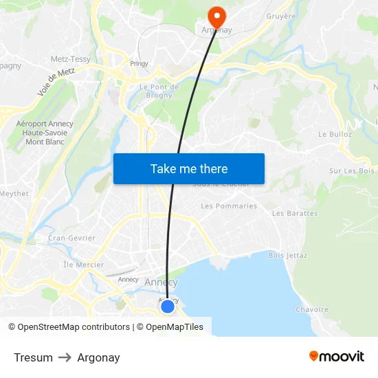 Tresum to Argonay map