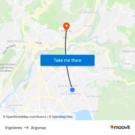 Vignieres to Argonay map