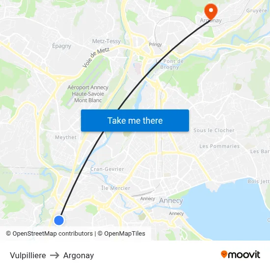 Vulpilliere to Argonay map