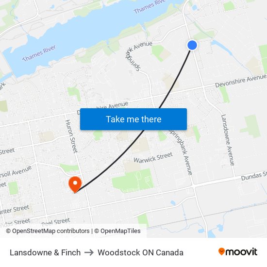 Lansdowne & Finch to Woodstock ON Canada map