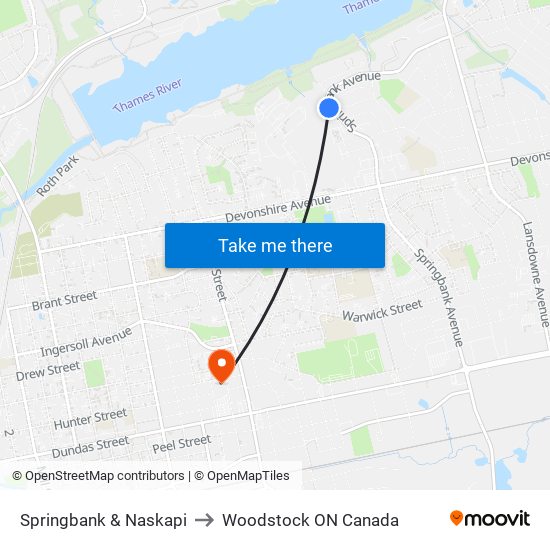 Springbank & Naskapi to Woodstock ON Canada map